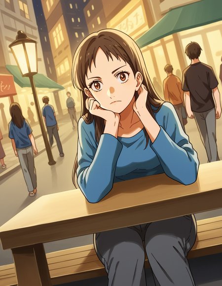 score_9, score_8_up, score_7_up, source_anime, <lora:emi-igawa-s1-ponyxl-lora-nochekaiser:1>,, emi igawa, long hair, brown eyes,, shirt, pants, blue shirt, grey pants, capri pants,, city street, evening, streetlights, walking dog, quiet neighborhood, gentle breeze, , , sitting, head rest, table,, solo,, cowboy shot, dutch angle