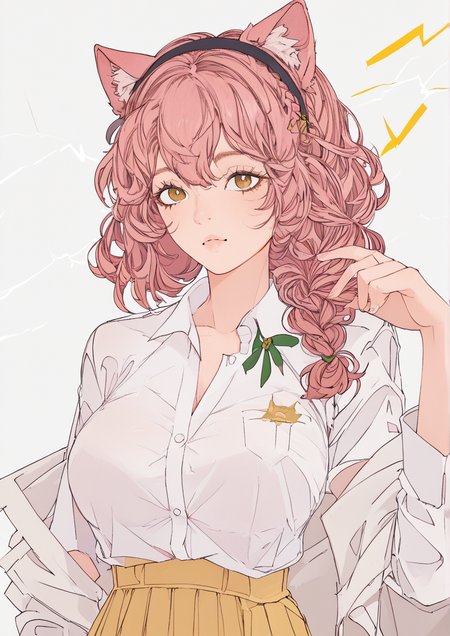 1girl, goldenglow (arknights), huge breast, animal ears, black hairband, bow, braid, brown eyes, cat ears, cat girl, cat tail, collared shirt, dress shirt, green bow, hair between eyes, hair bow, hair over shoulder, hairband, hand up, jacket, lightning bolt print, long hair, long sleeves, looking at viewer, open clothes, open jacket, pink hair, pleated skirt, print hairband, shirt, single braid, skirt, solo, tail, upper body, white jacket, white shirt, yellow skirt, <lora:EllieMaplefox:1>