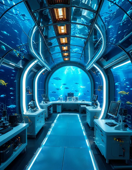 A futuristic underwater research laboratory,underwater research l4b0r4t0ry, located deep beneath the ocean's surface, surrounded by vibrant marine life and illuminated by soft, bioluminescent lighting. The laboratory features large, reinforced glass domes offering a panoramic view of the surrounding blue abyss, with schools of colorful fish and rays of sunlight filtering through the water above. Inside, advanced scientific equipment, glowing computer screens, and researchers in modern wetsuits or lab coats are visible, conducting experiments. The structure is sleek and metallic, with curved, aerodynamic designs to withstand water pressure. Coral reefs and marine plants grow nearby, adding natural beauty. The lighting is a mix of cool, bluish tones, with faint yellow lights from the laboratory windows creating a contrast. The atmosphere is calm yet futuristic, with a focus on scientific exploration and harmony with the marine environment.
<lora:SDXLFaeTastic2400:0.4> <lora:extremely_detailed:0.4> extremely detailed, <lora:underwater_research_l4b0r4t0ry:1>