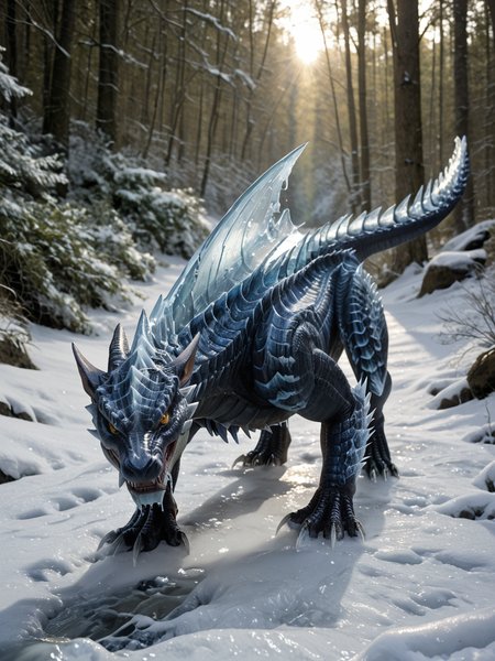 <lora:MH_Lunagaron_a1_8_PonyXL:.7>, score_9,score_8_up,score_7_up, nature photography, (Close up, extreme closeup, extreme portrait:1.1) 
, high angle shot shot , head focus,
mhlunga,solo,feral,detailed background,yellow eyes,black sclera,forest,snow,ice claws ,ice glass spikes,(made of glass:1.2),head down,
backlight, dramatic lighting, melting ice, dripping
hardlight , bloom, translucent glass, subsurface scattering, sharp hyper detailed, (shiny glass skin:1.2), (ultra-detailed scales:1.1), bright highlights, <lora:RM_Enhancer_v1.0_bf16:.1>  <lora:sdxl_glass:1> <lora:p:.2> <lora:Add_More_details_SD3:.5>