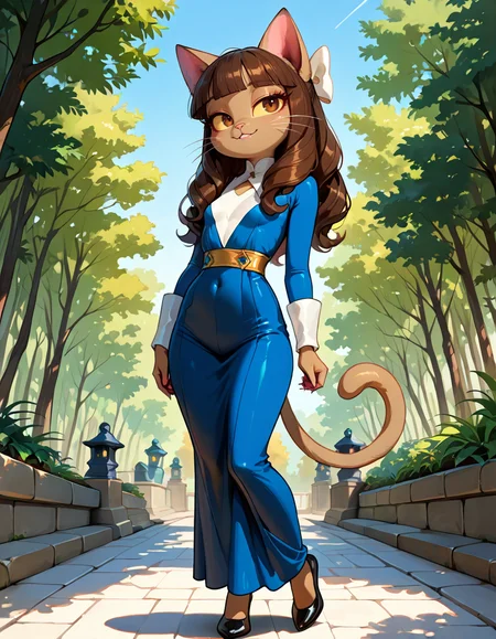 masterpiece, best quality, very aesthetic, absurdres,
outdoors, 
full body, posing, 
seductive smile, parted lips, long eyelashes,
 <lora:Ivy_Pepper_v01_NAIXL:1>
1vyP3pp3r,1girl,solo,furry,furry female,cat girl,cat ears,brown hair,hair bow,long hair,blunt bangs,brown eyes,yellow sclera,animal nose,whiskers,body fur,cat tail,