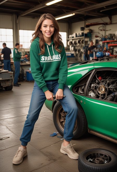 (medium full shot) of (strapping mechanic) young woman, french, bright green eyes, light skin, tan skin, green eyes, tiny build, medium dark retro hair,  wearing a dark green hoodie,denim pants,slip-resistant shoes, holding a wrench, dirty with oil and grease, set in  Pit Stop Garage, large area with race cars, tool benches, tire racks, a fueling station, mechanics in team uniforms working on cars, a whiteboard with race strategy, at sunset, woman laughing, jumping in the air, Masterpiece,best quality, photorealistic, amazing quality, very aesthetic, extremely detailed face,