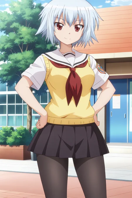 anime screenshot, ben-tou, 1girl, solo, yarizui sen, blue hair, short hair, red eyes, medium breasts, school uniform, serafuku, white shirt, short sleeves, white sailor collar, yellow sweater vest, black skirt, pleated skirt, red neckerchief, black pantyhose, looking at viewer, smile, hands on own hips, cowboy shot, outdoors, masterpiece, best quality, high quality, highres, absurdres,  <lora:yarizui_sen_ILXL:0.9>