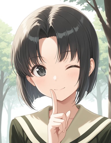 1girl, solo, mizuno youko, black hair, short hair, parted bangs, black eyes, smile, one eye closed, lillian girls\' academy school uniform, green serafuku, raised index finger, portrait, outdoors, trees, light theme, simple background, masterpiece, best quality, very aesthetic <lora:mizuno_youko_illustrious_v1:0.7>