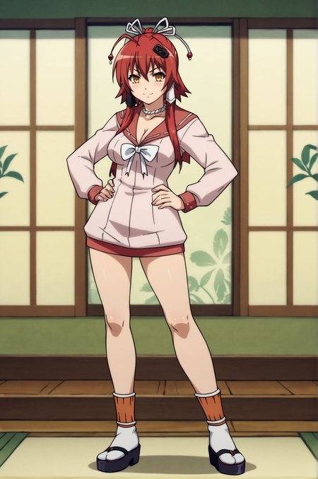 score_9, score_8_up, score_7_up,anime_source, source_anime, best background, detailed background, anime screencap,  Jubei, cleavage, ribbon, school uniform, sheath, rope, sexy, seductive body, seductive smile, hands on hips, full body, indoors, <lora:JN_Akane_Jubei_Yagyu:0.8>
