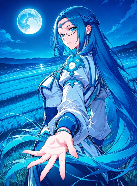 <lora:Ruo_Ling__Battle_Through_the_Heavens__Illustrious:1>
1 girl, solo, blue eyes, very long hair, blue hair, french braid, half updo, 
dress, long skirt, long sleeves, bottons, circlet, jewelry, glasses, semi-rimless eyewear,  
score_9, score_8_up, score_7_up, very aesthetic, source_anime, detailed, high quality, beautiful, masterpiece, detailed eyes, field, blurry background, pose dynamic angle, upper body, cowboy shot, light smile, looking back, reaching out, floating hair, looking at viewer, night, blue sky, blue moon, <lora:iLLMythG0thicL1nes:1>
