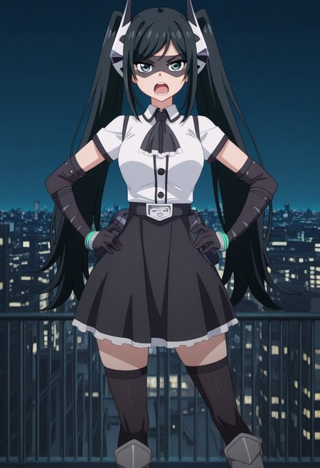 masterpiece,perfect quality,best quality,absolutely eye-catching,absurdres,highres,newest,anime coloring, anime screencap,(1girl,solo),PiltzHero, black hair, long hair, twintails, green eyes, mask, elbow gloves, black skirt, shirt, black thighhighs, boots, hands on hips, contrapposto, v-shaped eyebrows, open mouth, looking at viewer, city, skyline, night, tokyo, rooftop,