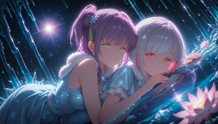2girls, ((otomune kozue, one side up,green eyes):1.5), medium breasts, and ((yugiri tsuzuri, bob cut,red eyes):1.5), (smile,half-closed eyes,parted lips), medium breasts, BREAK (lying on ground,seductive pose,side-by-side), (magical:1.2), QUALITY (best quality, absurdres, masterpiece), wearing sleeveless blue dress, fur-trimmed capelet, bow, snowflake print, layered dress, satin, frills, snowflake hair ornament, pearl earrings, BREAK at winter, inside glacier cave, frozen lake, reflection, snowflake, ice crystal, stalactites, ice curtains, (multicolored_background:1.5), crystal lotus flowers, icicles, rainbow ice bubbles, BREAK (crystal theme:1.2), dark, glowing, dramatic lighting ,depth of field, bokeh,blurry background, (blurry foreground:1.4), (lens flare:1.3), sparkle, (refraction:1.2), (from behind), (dutch angle|fisheye:1.4), (rainbow highlight:1.3), <lora:illustrious_quality_modifiers_masterpieces_v1:0.25>, <lora:Dramatic Lighting SliderIL:2.5>, <lora:DarkSlider1.2_alpha1.0_rank16_full_300steps_illustrious:-0.75>, <lora:d\EnvyZoomSliderXL01:2.75>, <lora:outline_xl_end:-6>,  <lora:colorful_sdxl_v2_lbw:1>, <lora:DynamicPoseIL2att_alpha1.0_rank4_noxattn_900steps:1>,  <lora:illustrious_all_rated_v1:0.15>, <lora:StS-Illustrious-Detail-Slider-v1.0:1>, <lora:hasunosora_pony:0.75>,