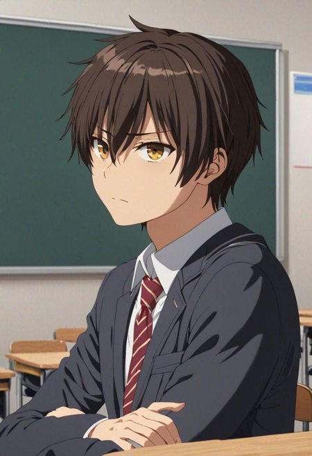 Highres, Masterpiece, High Quality, 4K, 8K, solo, 1Boy, Seiya Kanie, short dark brown hair, golden eyes, classroom, desk chairs, whiteboard, screen, sitting, school, school uniform, easynegative, detailed_eye_model