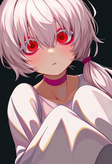 masterpiece,best quality,absurdres, amazing quality, hi res, masterpiece, best quality, detailed, amazing quality, detailed face, detailed eyes, clean eyes, best quality, highres, very aesthetic, newest, ultra-detailed, illustration, (best quality:1.1),ultra-detailed, high resolution, super detailed skin, beautiful detailed eyes, nsfw, Brightly Lit, Highly Visible, 8k, sharp focus, beautiful, perfect lighting, beautiful eyes, anatomically correct, anatomically correct face, extremely detailed eyes, smooth edges, beautiful face, symmetrical eyes, symmetrical face, 
BREAK MNSTRBLL_ST, 1girl, upper body, white hair, albino, makeup, blush, eyeshadow, pink choker, colored eyelashes, hair between eyes, hair over eyes, sidelocks, low tied hair, hair over shoulder, long hair, messy hair, long sleeves, pale skin, red eyes, detailed eyes, white sundress, simple background, black background, sleeves past wrists, sleeves past fingers, white theme, masterpiece, best quality, amazing quality, very awa, absurdres, very aesthetic