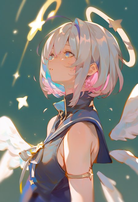 score_9, score_8_up, score_7_up, score_6_up, <lora:rei_XLP6_lokr_V4312:0.95>  1girl, amane kanata, solo, star halo, virtual youtuber, halo, wings, multicolored hair, feathered wings, colored inner hair, short hair, grey hair, angel wings, white background, angel, blue hair, simple background, parted lips, asymmetrical hair, single hair intake, white wings, portrait, bob cut, blue eyes, purple eyes, high collar, bangs, streaked hair, from side, pink hair, turtleneck, sailor collar, hair between eyes, looking away