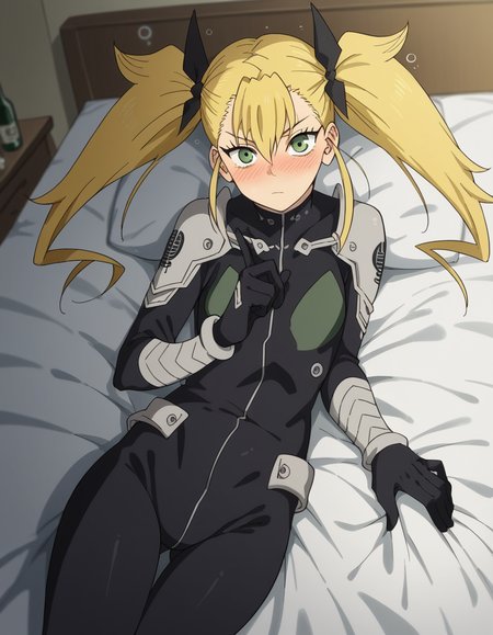 score_9, score_8_up, score_7_up, source_anime, <lora:kikoru-shinomiya-s1-ponyxl-lora-nochekaiser:1>, kikoru shinomiya, long hair, blonde hair, ribbon, twintails, green eyes, hair between eyes,, bodysuit, black bodysuit, indoors, bed, bed room, on side, blush, drunk, looking at viewer, solo,, cowboy shot, dutch angle