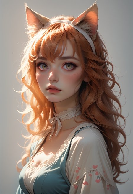 ASCII, photorealistic, OLED, score_9, score_8_up, score_7_up, score_6_up, 1girl, green eyes, soft freckles, copper hair, bangs, strands of hair falling over the face, long hair, cat ears, ((full body, eyes view)), medium breasts, simple grey background  <lora:SnowFoxeij-000006:0.8>, white ribbon choker, looking to viewer, cute face, blue summer dress, cat tail