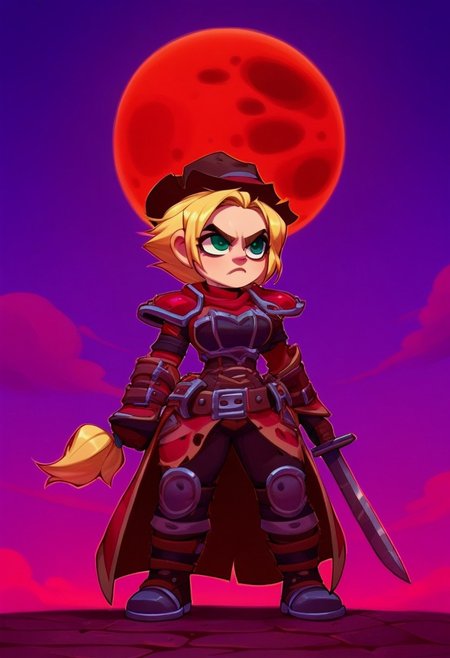 [score_9, score_8_up, score_7_up, <lora:Smooth Anime Style LoRA XL:1>, anime style, dark fantasy, 1girl gnome, short stature, big eyes, big ears, green eyes, long blonde hair, (shortstack:1.3), (medium breasts:1.1), round breasts, wearing armor,wearing hat, shoulder armor,skull emblem on shoulder,  (gloomy empty streets, dark forests, moon in the sky:1.6), Cold and angry, seductive gaze, fighting posture, (She holds a two-handed sword in her hands:1.9), bedroom eyes, solo, <lora:OtherStyle_03:1> <lora:Round_Breasts_XL_XV7:0.8>