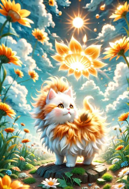 ral-fluff,<lora:ral-fluff:1>,
chibi,masterpiece,best quality,original,official art,cat,flower,blurred background,cartoon rendering,beautiful detailed glow,(detailed ice),beautiful detailed sun,sunny, blurred flower, happy, big grin