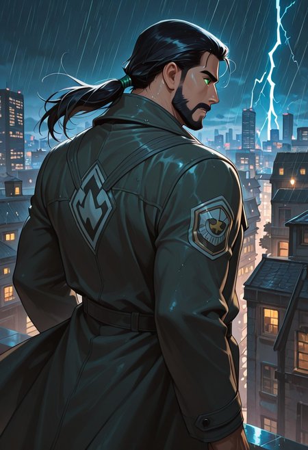 (masterpiece), best quality, 1boy, mbti_enfj, mature man, muscle man, green eyes, black-tied hair, facial hair, city rooftop, night cityscape, heroic stance, urban protector, vigilant gaze, windblown coat, dynamic shadows, glowing city lights, rainy street reflection, hopeful atmosphere, strong jawline, intense focus, lightning flash, steam from vents, distant sirens