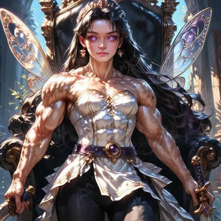 Action scene, detailed, photo realistic, hyper realistic, score_9, rating_safe, solo ((arch fey, violet eyes, (beautiful woman, white underbust corset, skirt, pants, sword belt, and holding a sword), ((huge muscles, small petite breasts, muscular thighs, muscular biceps, muscular shoulders, toned abs)), ((bronze metallic gold skin ral-polishedsteel)), (fairy wings), (long black hair))), (standing next to a multicolored crystal throne, in a detailed throne room filled with treasures, detailed lighting), hi res, hi quality, 4k, concept art, digital art, realistic, detailed background, lens flare, pixel art, piratical beauty, great lighting