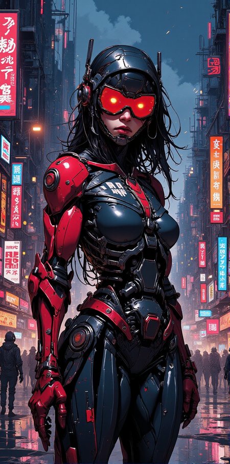 amazing cyberpunk anime artwork, thin lines, sharp,  cyborg girl as ninja assassin wearing black and red robotic body suit lurking in the shadows of cyberpunk city under neon lights<lora:BLUE_mk4_angel_FLUX_03:1.3> <lora:CPA:1>  <lora:FLUXEvolyzedV1:1>