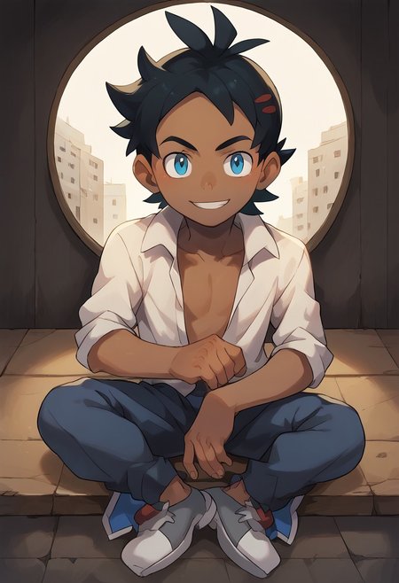 Safe_pos, 8k, score_9, score_9_up, score_9_up, portrait, ((masterpiece)), ((best quality)), ((ultra-detailed)), ((absurdres)), HD, top quality, best quality, amazing quality, High-quality illustrations, dynamic angle, source_anime, best aesthetic, perfect proportions, perfect eyes, perfect anatomy, thick outline, black outline, full body, dynamic pose, male focus, 1boy, (masterpiece), solo, Goh, black hair, blue eyes, dark skin, open open shirt, black open pants, grey shoes, smile, sitting, TAKK, Draugnut, Draugnut style, Big feet, VonBoche