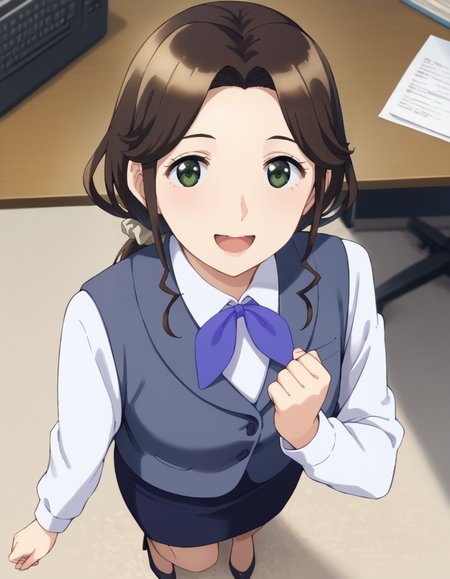 score_9, score_8_up, score_7_up, source_anime, BREAK
1girl, solo, looking at viewer, blurry, blurry background, office, table, paperwork, happy, full body, open mouth, clenched hands, carpet, 
konomi moriya, long hair, brown hair, parted bangs, sidelocks, dark green eyes, white hair scrunchie, 
work uniform, white collared shirt, blue vest, blue bowtie, long sleeves, pencil skirt, high heels,
standing, from above, 
<lora:konomi_moriya_anime-soralz:1>