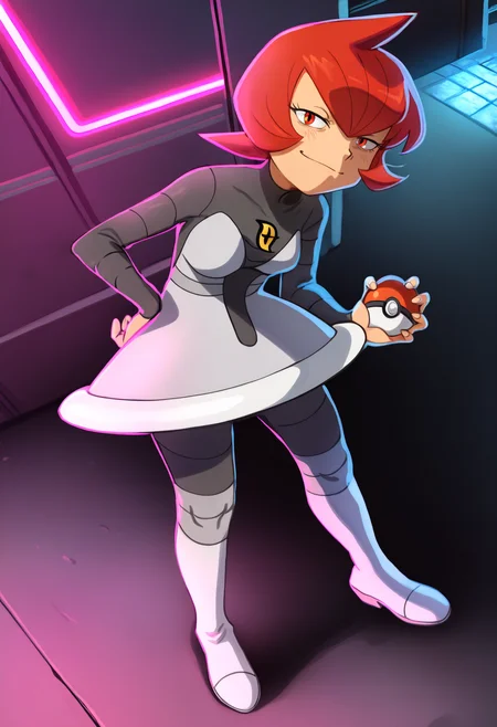 khyleri,
best quality, amazing quality, very aesthetic, absurdres,
1girl, mars \(pokemon\), bangs, red eyes, red hair, short hair, holding a pokeball,
boots, grey dress, pantyhose, round skirt, team galatic uniform,
solo, standing, smug, looking at viewer, futuristic background, neon light , buildings, night     <lora:KhyleriNoobLocon_byKonan:1> <lora:MarsNoobXL_byKonan:1>