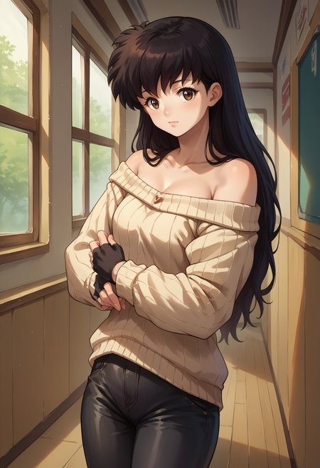 score_7, score_8_up, score_7_up, source_anime, 1girl, solo, looking at viewer, <lora:EPinKagumeSDXL-13:1.0>, EPinKagome, black hair, brown eyes, long hair, detailed background, off-shoulder sweater, leather pants, fingerless gloves, cowboy shot, indoors, [living room|kitchen|bed room|classroom|bath room| train interior| car interior|bus interior|bus stop|train station|changing room| stairwell]