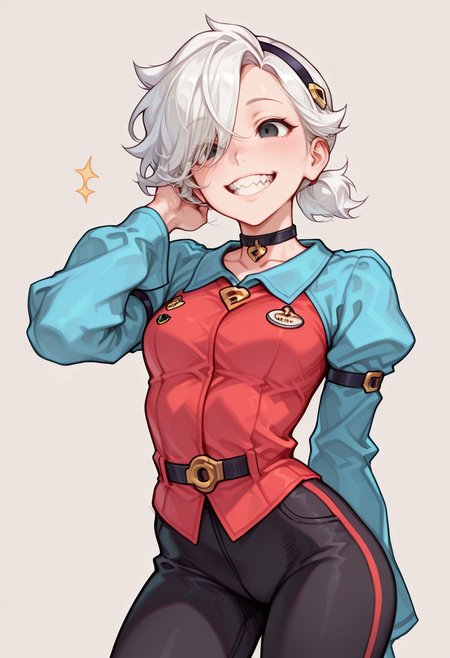 masterpiece, best quality, very aesthetic, absurdres, simple background,
BREAK 1girl, solo, coletteBS, white hair, short hair, small ponytail, hair band, hair covering one eye, choker, sharped teeth, black eyes, red shirt, blue sleeves, long sleeves, curved body, black pants, smile, 
BREAK <lora:Colette_Brawl_Stars__Illustrious:1>,  <lora:AKinuNishimura_Style:1.0>, <lora:Smooth_Booster_v2:0.25>, good hand,