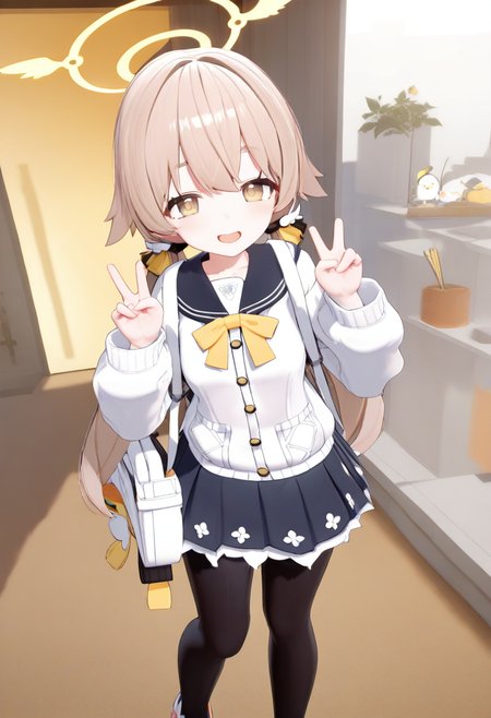 1girl,hifumi \(blue archive\),blue archive,white shirt,skirt,black pantyhose,backpack,solo,standing,open mouth,v,smile,looking at viewer,3d,vrc,masterpiece,high score,great score,absurdres,<lora:vrc style_ani4 xl_v1-000010:1>,