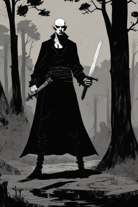 <lora:Mike Mignola Style:1>Mike Mignola Style - hairless vampire post apo wanderer, two-handing the sword of st. wenceslav, in black attire, forest background, black and white, simple comic style of mike mignola