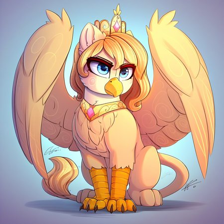 masterpiece, score_9_up, score_8_up, score_7_up, score_6_up, source_furry, (best quality:1.1), ultra-detailed, high resolution, solo, highly detailed macro illustration, solo, gloria_iv, kaiserin, griffon, griffon oc, avian, beak, feral, female,  blonde hair, medium hair, (beautiful detailed blue eyes), feathers, fluffy ears, wings, crown, full body, simple background BREAK Highly Visible, sharp focus, perfect lighting, anatomically correct, extremely detailed, high detail, Expressiveh
