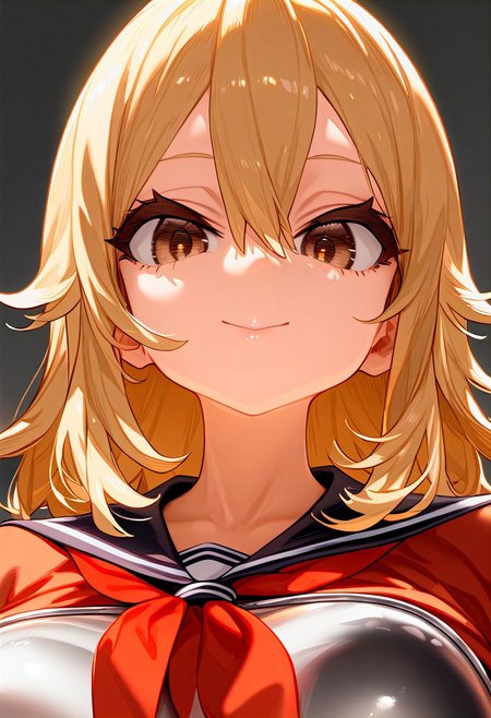 (masterpiece:1.2, best quality), (finely detailed eyes: 1.2) (ultra-detailed, hires), (detailed face, detailed eyes), (best illumination), detailed glow, high contrast, looking at viewer, solo, smile, closed mouth, 1girl, huge breasts, wide hips, thick thighs, centurii-chan, blond hair, brown eyes, hair between eyes, medium hair, fluffy hair, bangs, armor, ((breastplate)), dress, neckerchief, red neckerchief, red dress, short dress, short sleeves, skindentation, no background, empty background, (((face shot))), (masterpiece, best quality, very aesthetic, absurdres), (ultra detailed perfect piece:1.2), illustration, masterpiece, (extremely detailed CG 8k), (very fine 8K CG), <lora:add-detail-xl:-1>