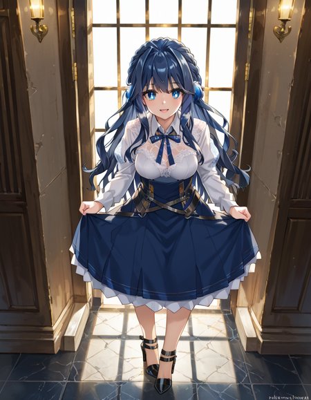 Volumetric Lighting, (masterpiece), (best quality), (ultra-detailed), masterpiece, source_anime, score_9, score_8_up, score_7_up BREAK, illustration, disheveled hair, detailed eyes, perfect composition, moist skin, intricate details, light depth, dramatic atmospheric lighting, Volumetric Lighting, Astesia, long hair, blue hair, blue eyes, def shirt, def skirt ,def high heels BREAK, from above