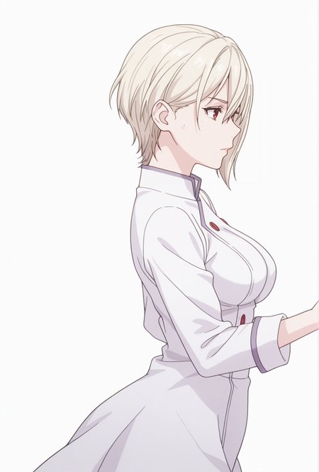 Smooth Quality,masterpiece,very intricate, high quality details, ultra realistic, high detailed skin,detailed enviorement,absurdres,
simple background, white background,solo,
from side,dancing, 
nervous,
 <lora:FoodWCNN:0.8> foodwarstylecnn,
 alicecnn, 1girl, blonde hair, hair between eyes, medium breasts, red eyes, short hair, white hair, long sleeves