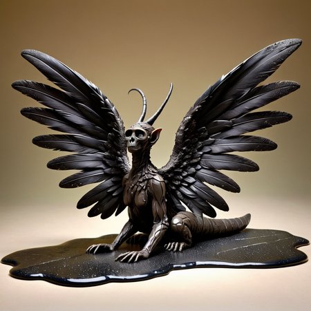 small haunting biomimetic textured hominid sentient being,  unguligrade appendages,  long-tailed, slimy skin,  tufted ears,  icarus wings (enchanted wings made from wax and feathers),, made of ais-tarmac <lora:Fresh_Tarmac_SXDL:1>