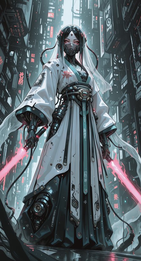 masterpiece, best quality, good quality, very awa, newest, highres, absurdres, dynamic angle, Immortal Qi,magnificent,
Chinese style armor full of futuristic technology,Jade full of energy,
Science fiction Chinese punk,Energy body, energy weapon, energy light, energy emission,
looking_at_viewer, semi-mechanized,secret wonderland, Nine-head body,Cyber hair ornament,(hanfu:1.1),Translucent veil, h4ra_illu,
dhjs <lora:illustriousXL_stabilizer_v1.23:0.3> <lora:NOOB_vp1_detailer_by_volnovik_v1:0.3> <lora:ponyv6_noobE11_2_adamW-000017:0.3> <lora:Illustrious:0.15> <lora:114558v4df2fsdf5:0.55> <lora:dhjs_0010-waiNSFWIllustrious_v110_V1-CAME:0.7> <lora:-_iLL_-_the_edgy_mech_V2.0-:0.8>