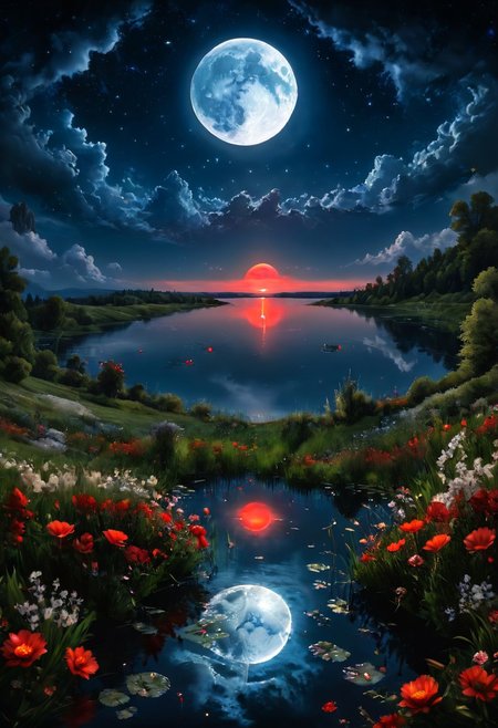 Night time, cloudy night, stars, crystal clear blue lake surrounded by grass and flowers, the moon is reflected on the lake's water, large glowing full red blood moon
Photorealistic, Highly detailed, masterpiece, 4k, high resulution, great lighting,