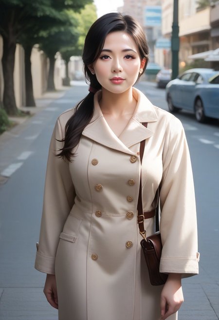 score_9, score_8_up, score_7_up, 35mm photography, highly detailed, sharp focus, source_anime, 1milf,mature asia housewife, solo，(beige buckle long coat),Bare knees ,low ponytail, black hair,(beautiful face), beautiful eyes,eye-shadow,Long eyelashes， perfect cute face, plump face,Round cheeks, dignified，mild ，Long legged，sole，standing,  (satchel)， Street，tree，