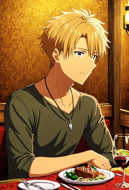 high resolution, solo, best quality, 1Boy, Yamato Ishida, Blond Hair, Necklace, dating, romantic, dinner, OverallDetail