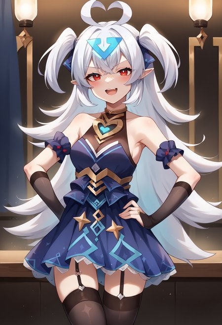 score_9, score_7_up, hd, (ultra hd quality details), source_anime, indoors,
solo, 1girl, e7lilibet, two-side up, heart ahoge, pointy ears,
lilibdes, white hair, red eyes, triangle hair ornament, hair ribbon, blue dress, sleeveless, bare shoulders, elbow gloves, garter straps, black thighhighs,
looking at viewer, blush, open mouth,
standing, hand on own hip, smug,
 <lora:_lilibet_e7-elesico-ponyv2b-e10:1>
