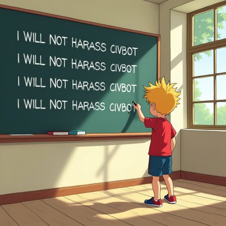 An illustrated scene of a young boy with spiky blonde hair standing at a chalkboard in an empty classroom, wearing a red t-shirt and blue shorts. The chalkboard has the phrase “I WILL NOT HARASS CIVBOT” over and over. The view is from outside a nearby window, with soft lighting filtering through. The classroom is empty, with the boy standing alone as he writes. The illustration has a playful, cartoon-like quality, with light colors and simple lines, capturing a sense of quiet mischief.