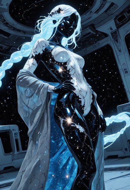 highres, very detailed, amazing quality, masterpiece,
very aesthetic, sp4ce-g0dd3ss
particle effect,
1girl, solo, beautiful eyes, goddess, goddes of constellations, black skin, sparkly skin, glitter on skin, iridescent hair, glowing hair, very long braids, strong face, solo, eyes with galaxies, cosmos eyes, Covered in Tattoos, geometric tattoos, white tattoos, small breasts, curvy, grey robe with pearlescent trim, 
BREAK, 
greek theme, goddess theme, universe theme, 
flirty pose, dynamic pose, hand in hip, undressing, leg,
foreshortening, dutch angle, side view,
seducing, seductive, flirty, flirty look,
in sleek spacecraft, in space station, funtional interior, modern interior, white panels,