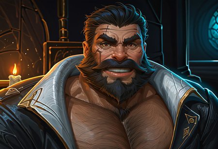 score_9, score_8_up, score_7_up,  NeonhadesmixV2, <lora::NeonHadesMix21> 1 boy, male focus,  solo, solo focus, lewd smug looking at viewer, flirting, muscular, manly, facial hair, beard, dilf,  SentinelGraves, epic beard, (hairy chest. hairy pectorals:1.4),  hyper pectorals, pulling down own clothes, teasing, sweaty pectorals, musk clouds,  tavern, behind bar counter, bar tender, ordering a drink, candle's    unaestheticXL_3x3