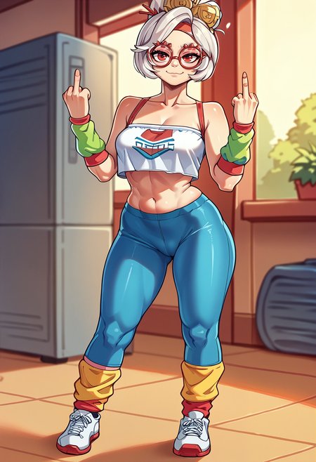 score_9, score_7_up BREAK solo,pantyhose, sneakers, arm warmers, leg warmers,crop top,wearing edgworkout80, purah,white hair,red eyes,hair ornament, red headband, red glasses,smug,closed mouth,middle finger  <lora:purah-pdxl-nvwls-v1:0.8>   <lora:edgWorkout80Ponyv1:0.8>  <lora:nikichen_pd:0.9>