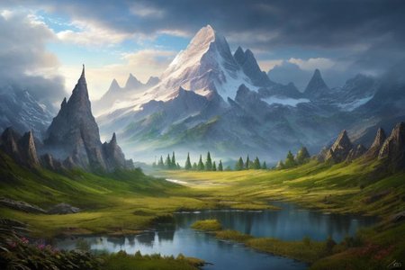 RAW photo, (masterpiece:1.3), subsurface scattering, heavy shadow, (high quality:1.4), (intricate, high detail:1.2), professional photography, HDR, High Dynamic Range, realistic, ultra realistic, photorealistic, high resolution, film photography, ambient lighting, atmospheric effects, <lora:detail_slider_v4:2>, OverallDetail, epic medieval fantasy, cloudy sky, day, fanmou, forest, mountain, nature, outdoors, reflection, sky, water, <lora:Fantasy_Mountains:1>, epiCPhoto