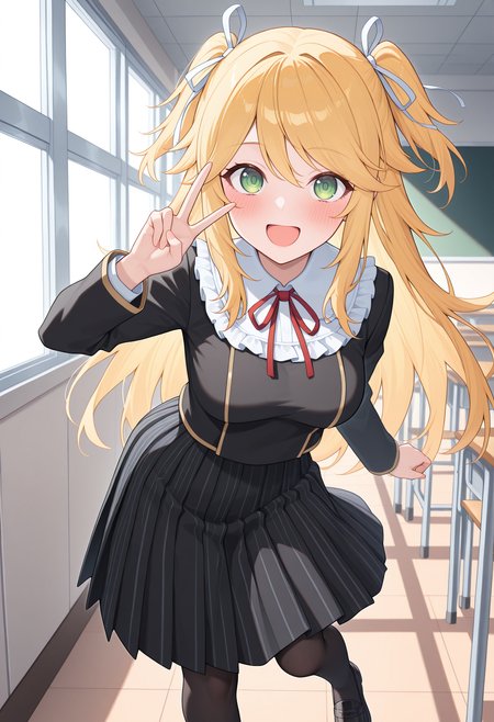 standing on one leg, open mouth, v, smile, blush, looking at viewer, indoors, school, pcrninon, blonde hair, long hair, medium breasts, school uniform, two side up, hair ribbon, white ribbon, green eyes, black jacket, frilled collar, neck ribbon, red ribbon, pinstripe skirt, black skirt, long skirt, pleated skirt, black pantyhose, <lora:_ninon_pcr-elesico-ilxlA:1> highres, best quality, masterpiece,
1girl, solo,