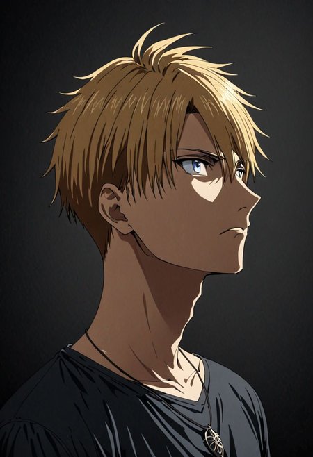 high resolution, solo, best quality, 1Boy, Yamato Ishida, Blond Hair, Necklace, potrait, dark shirt, looking at viewer, focused gaze forward, simple background, straight body, upper body, head upright, guilt, OverallDetail