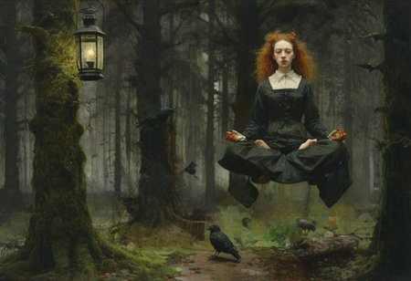 1girl, lotus pose, levitate, above mossy forest floor, trees, crows, rats, lantern, dark, night, oil painting, artwork  by egon schiele and ridley scott  and Jan Vermeer, sidelight, perfect face
 <lora:Witch_SDXL_r1:0.5> w1+ch, <lora:Dramatic Lighting Slider:0.9> <lora:Breast Size Slider:1.5>
<lora:levitate-PNY-SDXL-SD15-Panache-000008:1.1>