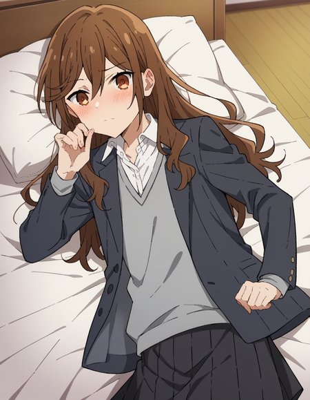 score_9, score_8_up, score_7_up, source_anime,
kyoukohori,  <lora:kyouko-hori-s2-ponyxl-lora-nochekaiser:1>,
kyouko hori, long hair, bangs, brown hair, hair between eyes, brown eyes,
shirt, school uniform, jacket, collared shirt, blazer, sweater, grey sweater, white shirt, black blazer, skirt, black skirt,
indoors, bed, bed room, on side, blush, drunk,
cowboy shot, looking at viewer, solo, dutch angle,