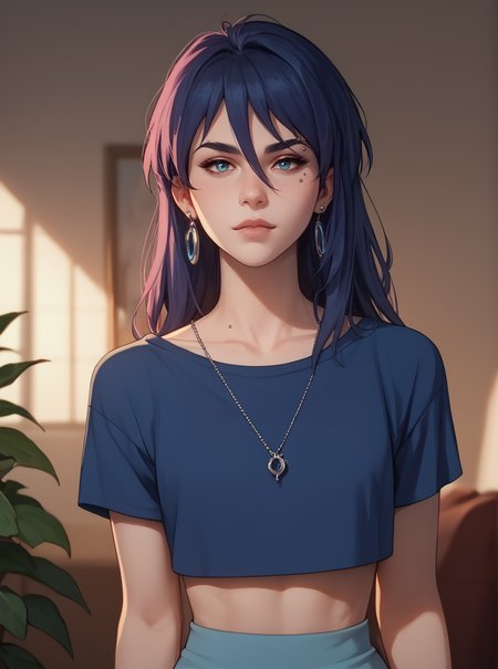 score_9, score_8_up, score_7_up, 1girl, cartoon, western animation, looking at viewer, flat colors,<lora:laurielpxl:1>, laurielpxl, piercing , blue top,