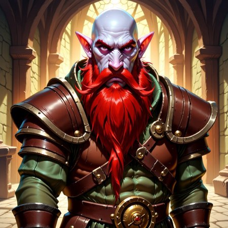 Dark-Fantasy-Cardd-Flux.V1.0 dark fantasy style illustration with Detailed hand, Perfect hand, that features a Dwarf, man with pale white skin, short posture wide shoulders, and long, massive red beard, the dwarf is wearing a leather armor and is looking at viewer direction